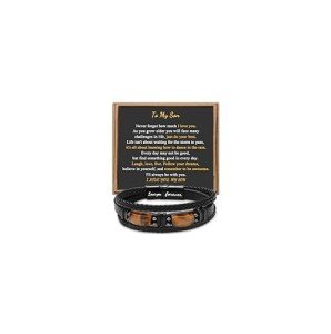 JoycuFF Gift for Son from Mom Dad Leather Bracelet Layered Birthday Graduation Gifts for Son I Love You Forever Engraved Braied Birthday Cuff Bangle Wrap Jewelry