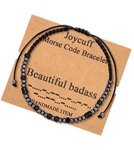 JoycuFF Beautiful Badass Inspirational Bracelets Morse Code Bracelets Gift for Men Women Birthday Christmas Gifts Cord Wrap Black Stone Beads Bracelets