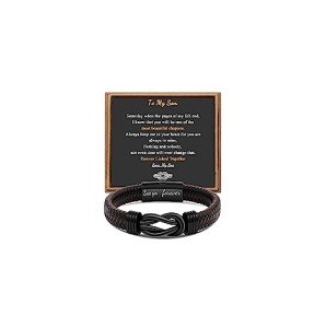 JoycuFF Son Gifts from Mom Dad Braided Leather Bracelet for Men Birthday Christmas Gifts for Son from Mom Dad Mother and Son Bracelet Linked Together Inspirational Gifts to My Son 7.5 Inch