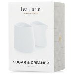 Tea Forte 2 Piece Mini Fine Porcelain White Sugar Dispenser with Spout and Creamer Pitcher Tea and Coffee Bar Accessory Serving Set for One, Dishwasher Safe