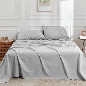 DOZ by SIJO 100% Long Staple Cotton Sheet Sets, Classic Crisp Percale Weave, Breathable, Matte Finish, Hotel Style, Durable, 4pc 2 Pillowcases 1 Fitted 1 Flat (Dove, Queen)