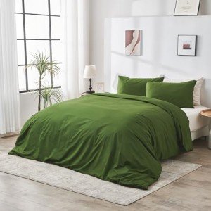 DOZ by SIJO 100% GOTS Certified Organic Cotton Duvet Cover Set, Crisp Percale Weave, Long Staple, Breathable, Hotel Comfort, 90"x90", 8 Loops, 3pc 2 Pillowcases 1 Duvet Cover (Forest, Full/Queen)