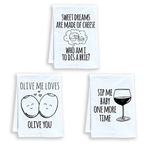 Moonlight Makers Funny Dish Towels, Set of 3, Funny Kitchen Towels, Flour Sack Kitchen Towel, Farmhouse Kitchen Décor (Sip Me Baby One More Time, Sweet Dreams…Brie, Olive Me Loves Olive You)