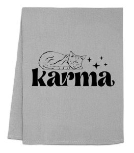 Moonlight Makers Karma Cat Dish Towel - Funny Kitchen Towels, Wash Cloths for Cat and Music Lovers - Cotton Dish Towels for Kitchen Drying, New Home Essentials, Apartment Essentials, Gray Dish Towel