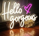 DAKABUKA Hello Gorgeous Neon Signs White LED Light Hello Beautiful Wall Art Gift for Home Decoration Wedding Birthday Backdrop Bacelorette Party Wth Dimmable Switch(5V,16.5X11inches)