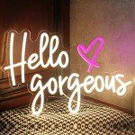 DAKABUKA Hello Gorgeous Neon Signs White LED Light Hello Beautiful Wall Art Gift for Home Decoration Wedding Birthday Backdrop Bacelorette Party Wth Dimmable Switch(5V,16.5X11inches)