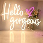 DAKABUKA Hello Gorgeous Neon Signs White LED Light Hello Beautiful Wall Art Gift for Home Decoration Wedding Birthday Backdrop Bacelorette Party Wth Dimmable Switch(5V,16.5X11inches)