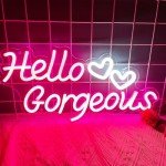 Dadarolly Hello Gorgeous Neon Sign Pink with Double Hearts, Hello Beautiful Neon Lights for Home Wedding Engagement Birthday Bacelorette Backdrop Party