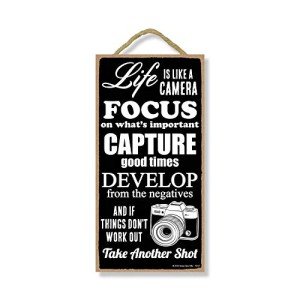 Honey Dew Gifts Life is Like a Camera 5 inch by 10 inch Hanging Decor, Inspirational Wall Art, Decorative Wood Sign Home Decor, 75537