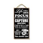 Honey Dew Gifts Life is Like a Camera 5 inch by 10 inch Hanging Decor, Inspirational Wall Art, Decorative Wood Sign Home Decor, 75537