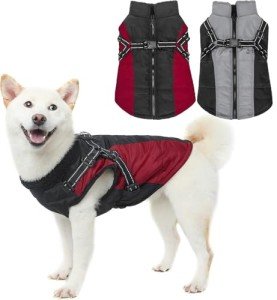 EXPAWLORER 2Pieces Dog Winter Coat - Waterproof Fleece Dog Coat with Harness Built in, Reflective Windproof Zipper Dog Jacket, Dog Cold Weather Clothes for Outdoor(Grey and Red, Large)