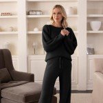 Softies Solid Marshmallow Reverse Seam Crew Neck Lounge Set for Women, 2 Piece Loungewear with Bracelet Sleeves, Made of Cloud Soft Fabric, Black, X-Large