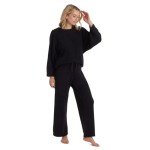 Softies Solid Marshmallow Reverse Seam Crew Neck Lounge Set for Women, 2 Piece Loungewear with Bracelet Sleeves, Made of Cloud Soft Fabric, Black, X-Large