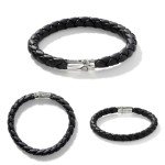 John Hardy Bamboo Collection Men's Bracelet, 8MM Black Leather & 925-Sterling Silver Bamboo Station Bracelet with Pusher Clasp, Size Small