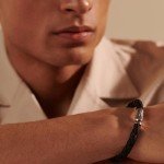 John Hardy Bamboo Collection Men's Bracelet, 8MM Black Leather & 925-Sterling Silver Bamboo Station Bracelet with Pusher Clasp, Size Small