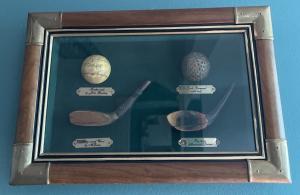 Antique Golf Equipment Shadow Box with Balls & Clubs
