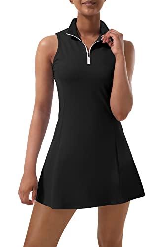 Women's Golf Tennis Dress with Built-In Shorts, Black