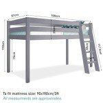 Kids Mid Sleeper Solid Pine Bunk Bed Grey