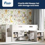 Kids Mid Sleeper Bed with Desk and Storage