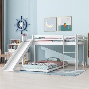 Kids' Bunk Bed with Slide and Adjustable Ladder