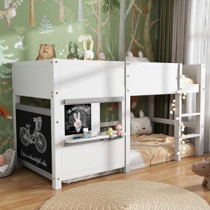Merax White Bunk Bed with Stairs and Blackboards