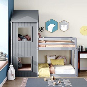 Grey Wooden Bunk Bed with Ladder and Canopy