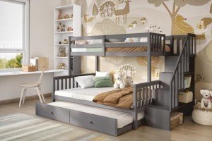 Grey Triple Bunk Bed with Trundle & Stairs