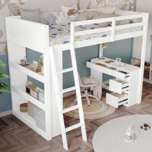 Wooden Kids Bunk Bed with Desk and Shelves