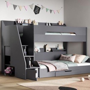 Stylish Grey Double Bunk Bed with Storage