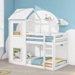 Merax Kids Wooden Bunk Bed with Canopy, White