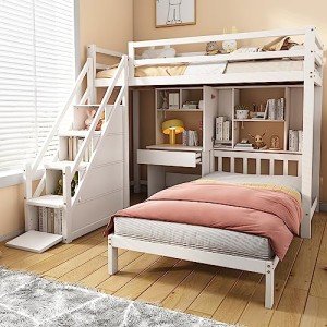 Wood House Bunk Bed With Desk And Storage 1036