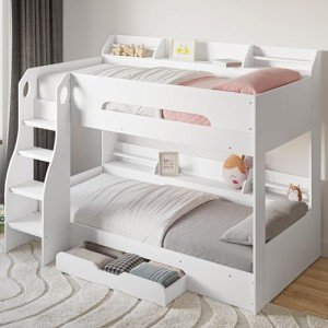 Kids' Double Wooden Bunk Bed with Shelves and Drawer