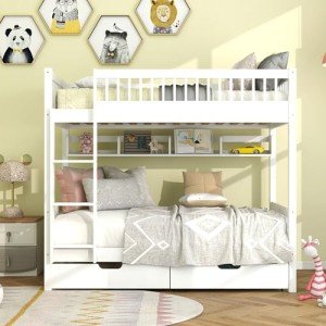 Wooden Bunk Bed with Storage Drawer and Shelf