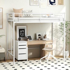 Metal Bunk Bed with Safety Rails and Ladders