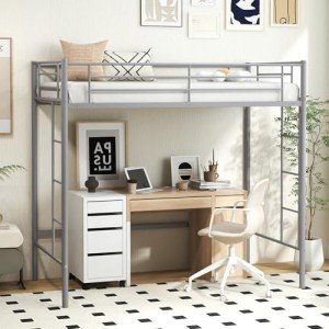 Metal Bunk Bed with Ladders and Guardrails
