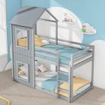 Grey Wooden Bunk Bed With Ladder And Canopy