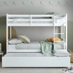 White Wooden Single Bunk Bed Frame with Trundle