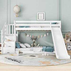 Kids' Bunk Bed with Stairs and Slide - White