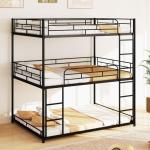 Metal Triple Bunk Bed with Guardrails and Ladders