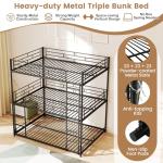 Metal Triple Bunk Bed with Guardrails and Ladders