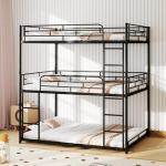 Metal Triple Bunk Bed with Guardrails and Ladders