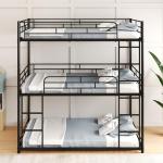 Metal Triple Bunk Bed with Guardrails and Ladders