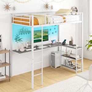COSTWAY Metal Bunk Bed with Desk and LED Lights