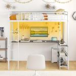 COSTWAY Metal Bunk Bed with Desk and LED Lights