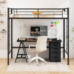Multigot Metal Loft Bunk Bed with Guardrail - Black