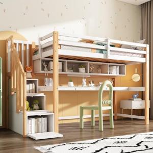 White Bunk Bed with Desk, Shelves, and Storage