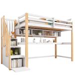 White Bunk Bed with Desk, Shelves, and Storage