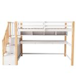 White Bunk Bed with Desk, Shelves, and Storage