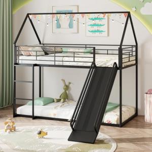 Metal Bunk Bed with Slide and Guardrails
