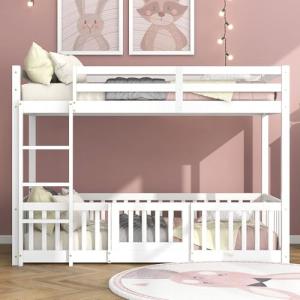 White Solid Wood Bunk Bed with Safety Rails